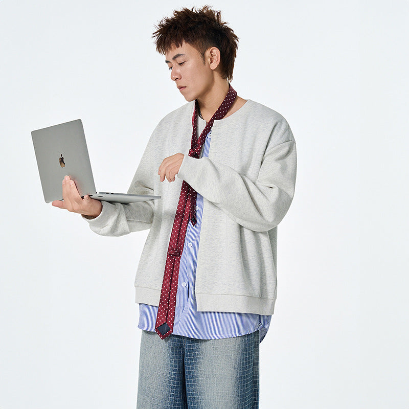 Autumn Fashion Men's Hoodie with False Two-Piece Design, Open Front, Round Neck, Loose Fit, Casual Stylish Jacket Top