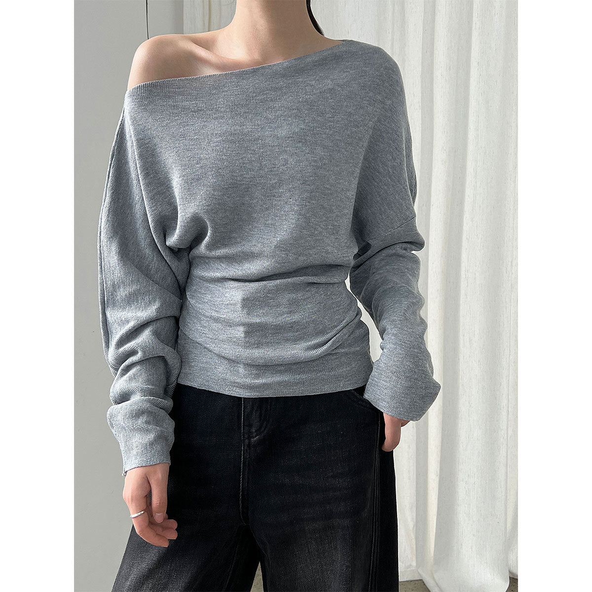 Asymmetrisches Strick-Top Damen – Tailliert, One-Shoulder Langarm in 5 Farben