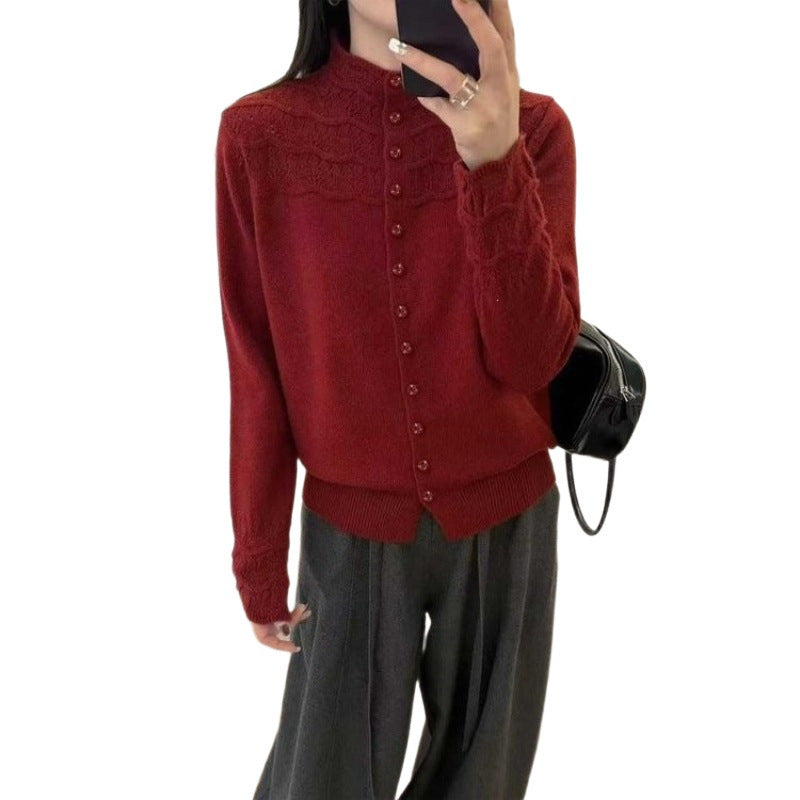 Häkel-Cardigan Damen – Stehkragen Strickjacke mit Lochmuster in 5 Farben