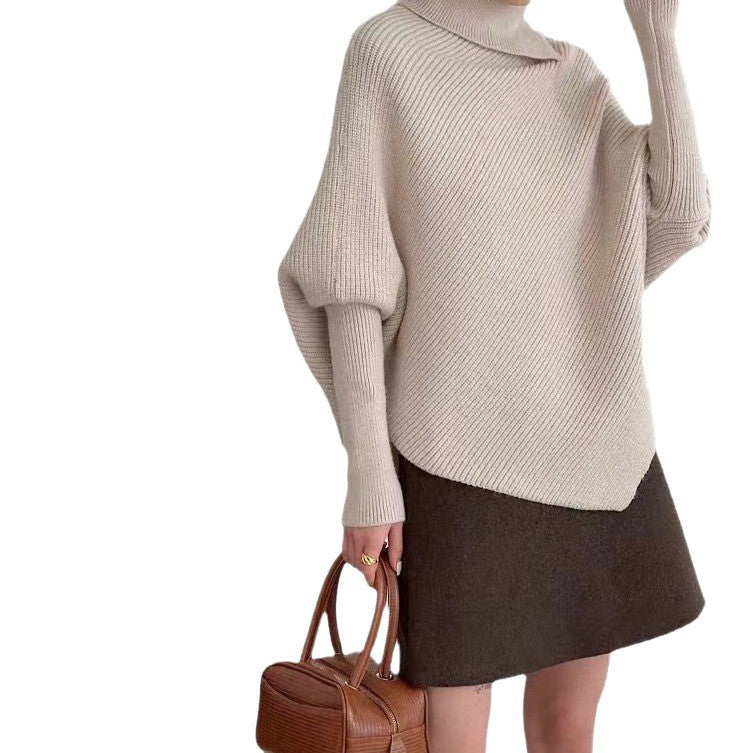 Rollkragen Strickpullover mit Fledermausärmel – Irregular Hem