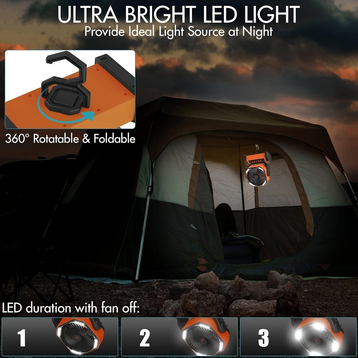 Campingventilator mit LED-Laterne & Haken – 20000mAh Akku, Orange
