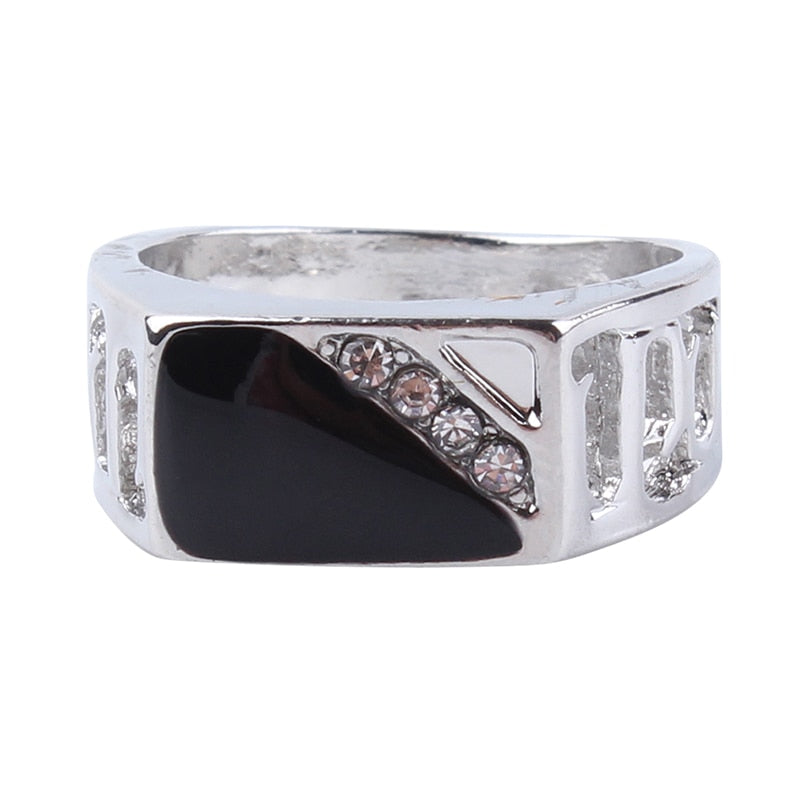 Fashion Male Jewelry Classic Gold Color Rhinestone Wedding Ring Black Enamel Rings For Men Christmas Party Gift