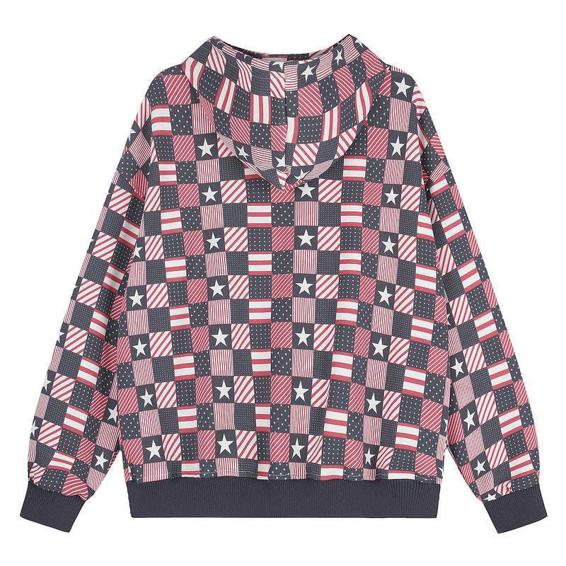 Color blocked plaid star hooded cardigan for women