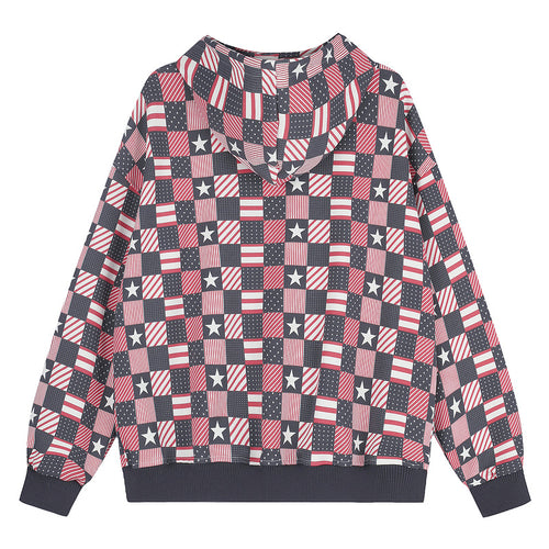 Color blocked plaid star hooded cardigan for women