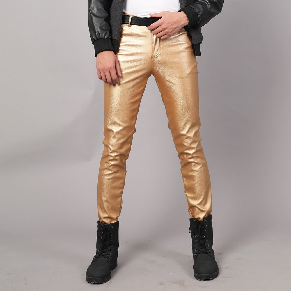 Thoshine Brand Spring Autumn Men Leather Pants Slim Fit Elastic Style Male Fashion PU Leather Trousers Punk Cosplay Dance Pants