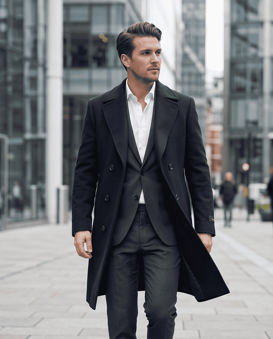 Klassischer Doppelreiher Wollmantel – 50% Wolle, Größen 36–50