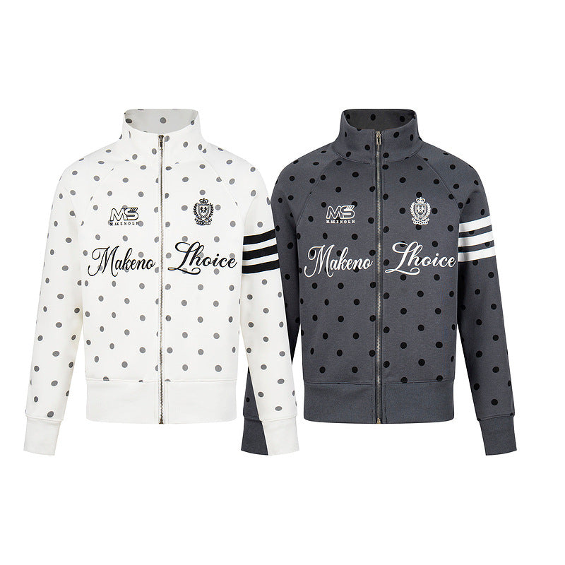 Polka dot stand up collar short wide zipper hoodie letter badge jacket