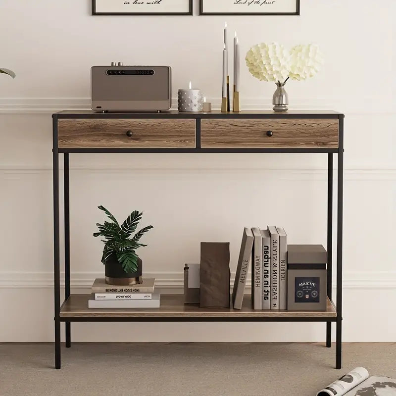 Brauner Wohnzimmertisch mit Regal & 2 Schubladen – Modernes Design