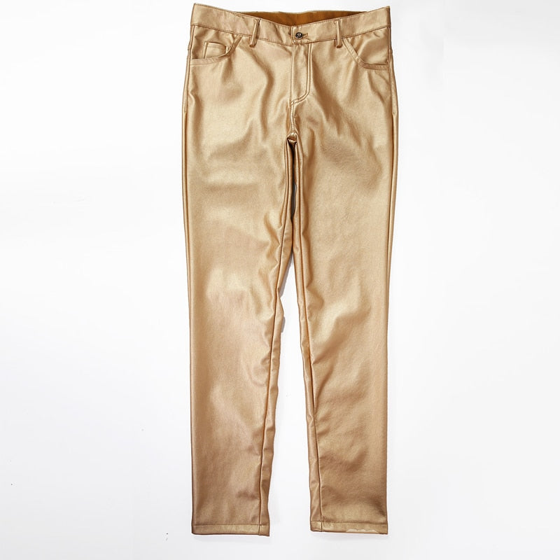 Thoshine Brand Spring Autumn Men Leather Pants Slim Fit Elastic Style Male Fashion PU Leather Trousers Punk Cosplay Dance Pants