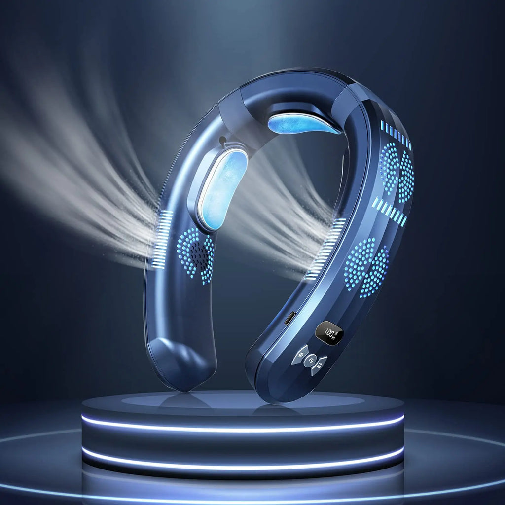 Tragbare USB Nacken-Klimaanlage – 360° Kühlung, Lüfter & Wärme, Blau