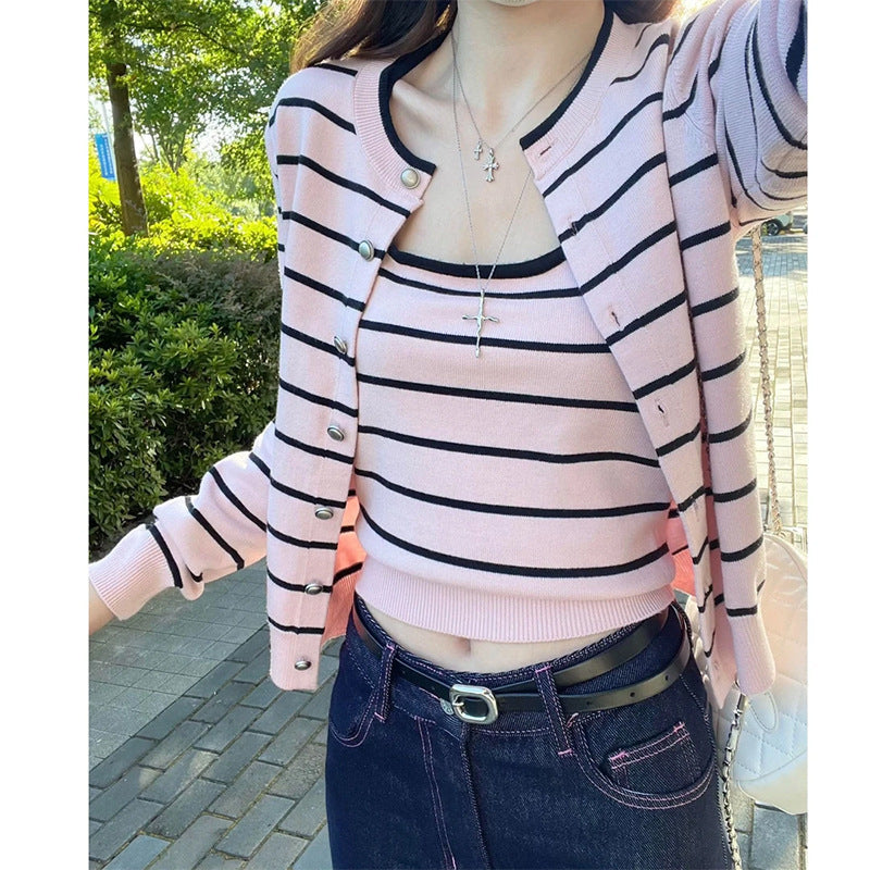 Retro Soft Pink Striped Knit Sweater Set for Women, Two-Piece Outfit with Cardigan and Tank Top