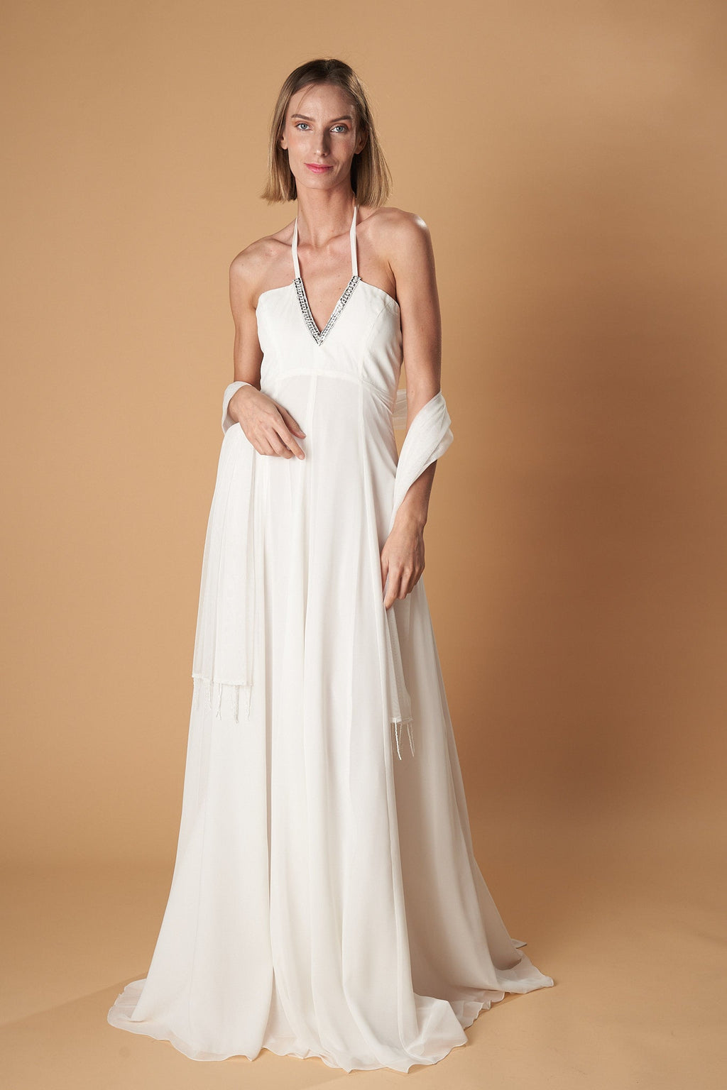Langes Fließkleid mit V-Ausschnitt und Neckholder – Mónaco