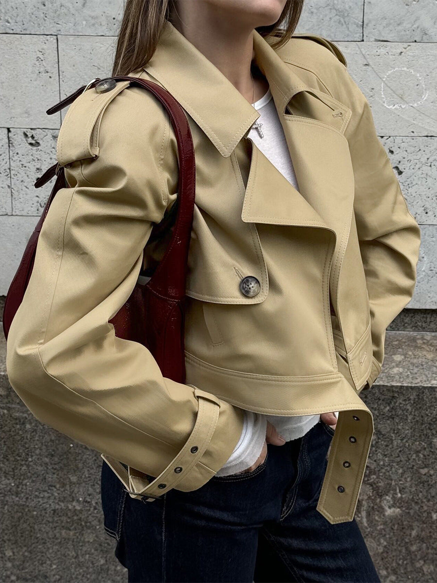 Kurze Windbreaker-Jacke Damen – Umlegekragen Streetwear in Khaki & Schwarz