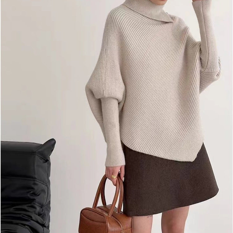 Rollkragen Strickpullover mit Fledermausärmel – Irregular Hem