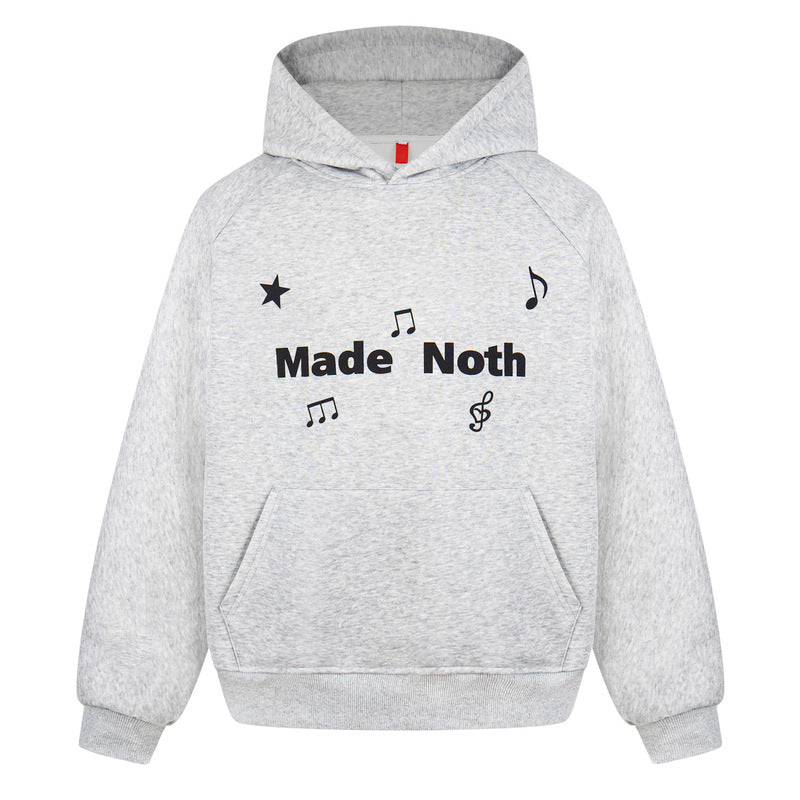 White hooded sweatshirt embroidered with musical notes