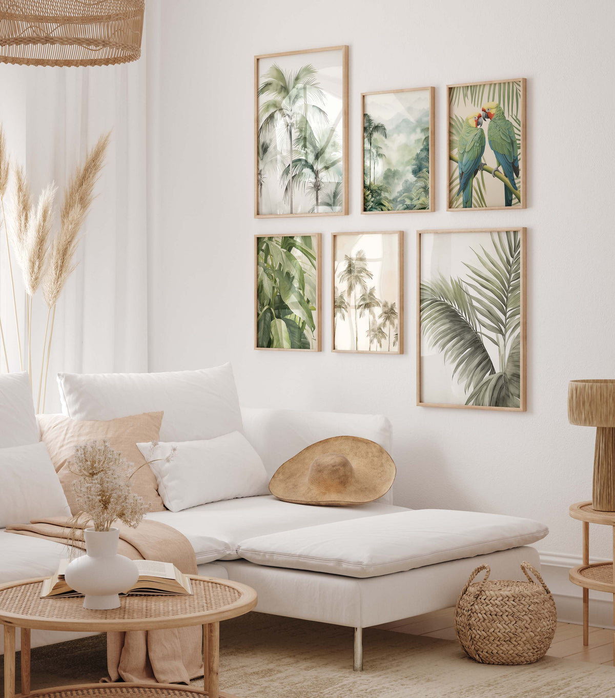 Tropische Palmen Poster · Geschenkidee · Papageien und Botanische Dschungelkunst · Wohnzimmer Dekoprint ohne Rahmen
