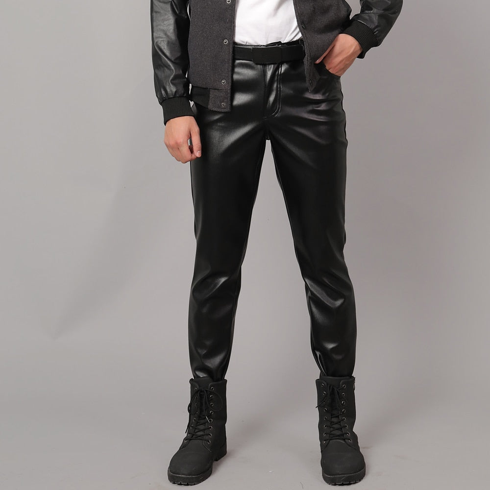 Thoshine Brand Spring Autumn Men Leather Pants Slim Fit Elastic Style Male Fashion PU Leather Trousers Punk Cosplay Dance Pants