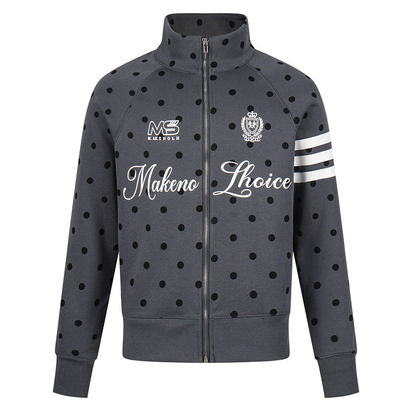 Polka dot stand up collar short wide zipper hoodie letter badge jacket