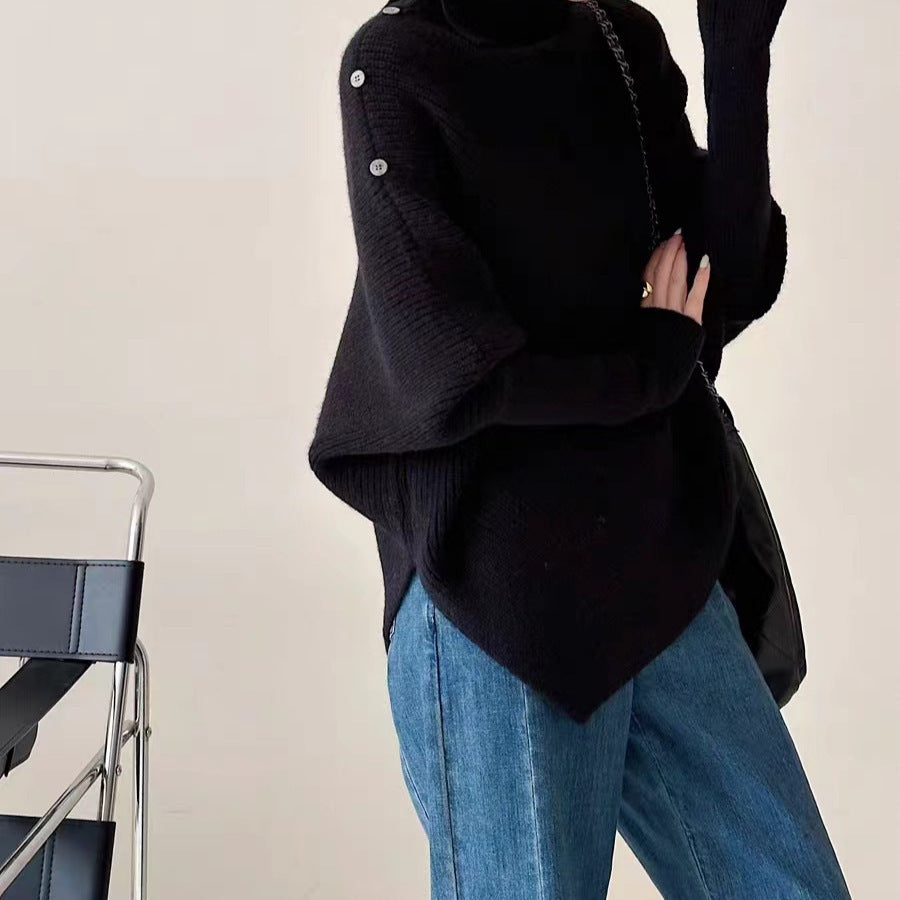 Rollkragen Strickpullover mit Fledermausärmel – Irregular Hem