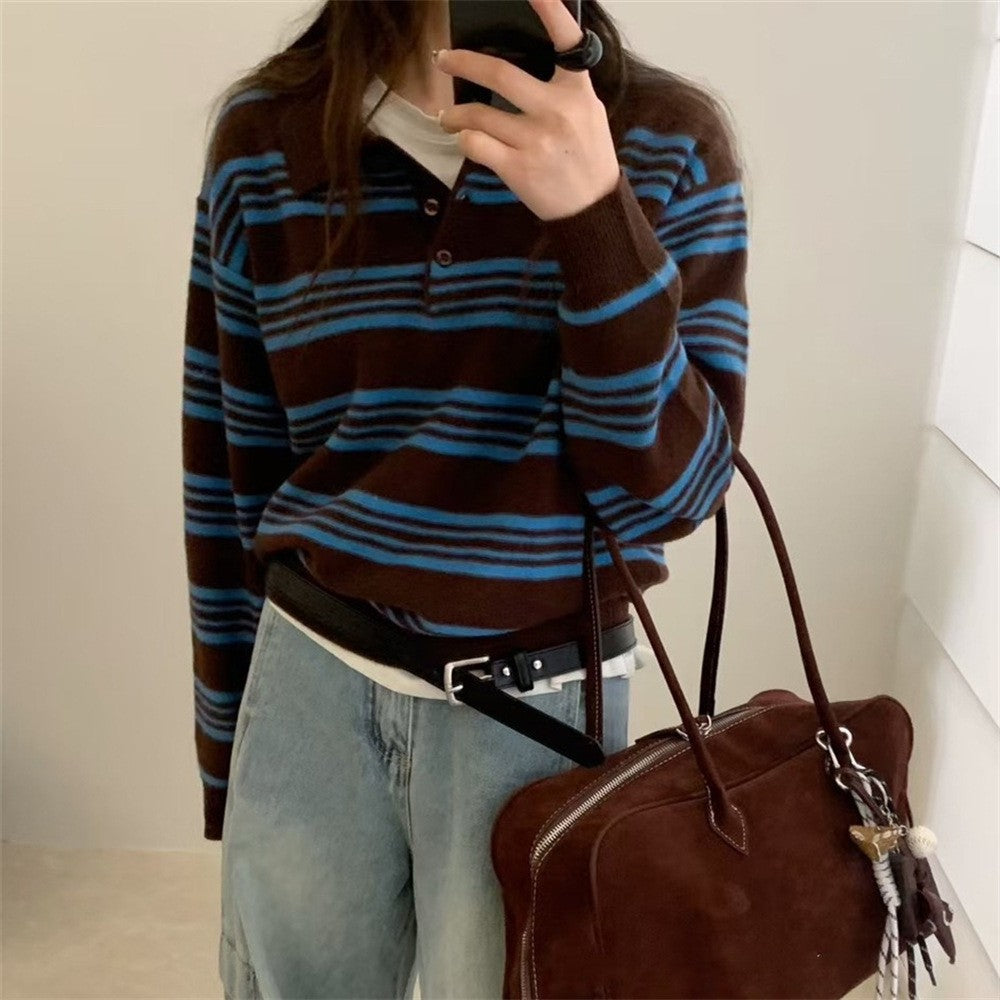 Damen Strickpullover mit Streifenkragen – Polo-Kragen Langarm Pullover | Mode
