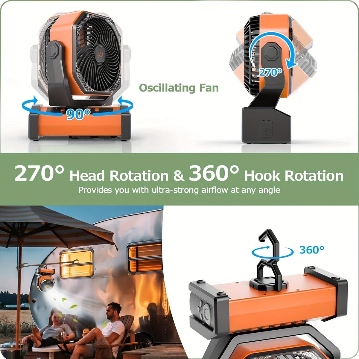 Campingventilator mit LED-Laterne & Haken – 20000mAh Akku, Orange