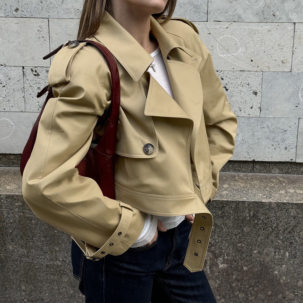 Kurze Windbreaker-Jacke Damen – Umlegekragen Streetwear in Khaki & Schwarz