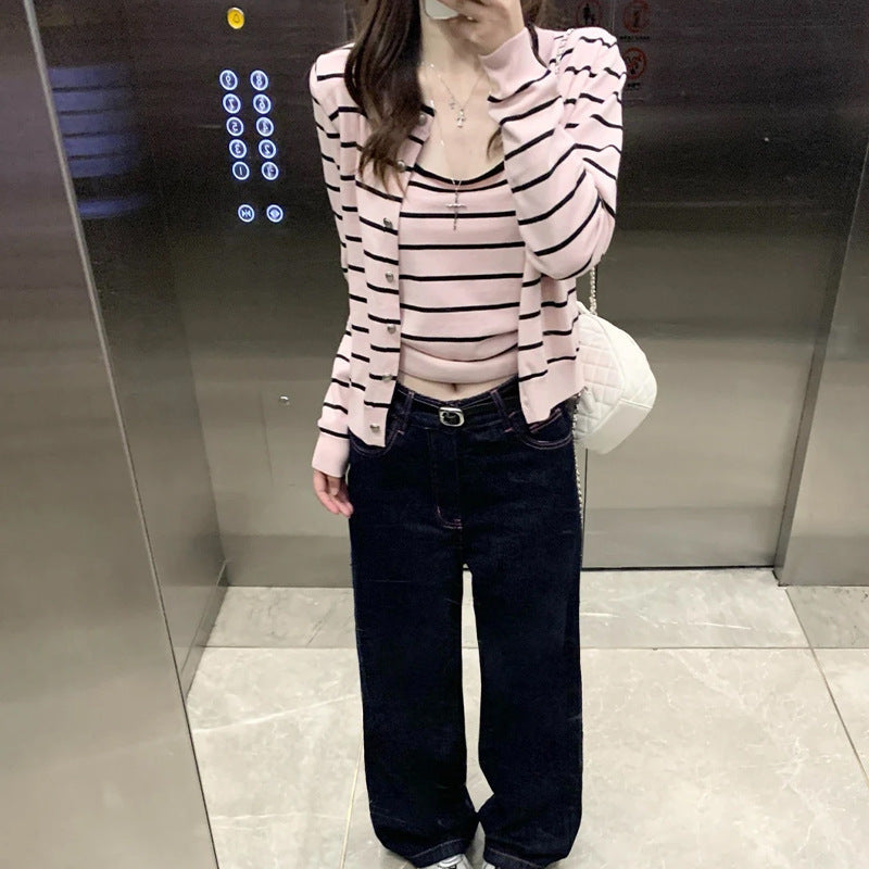 Retro Soft Pink Striped Knit Sweater Set for Women, Two-Piece Outfit with Cardigan and Tank Top