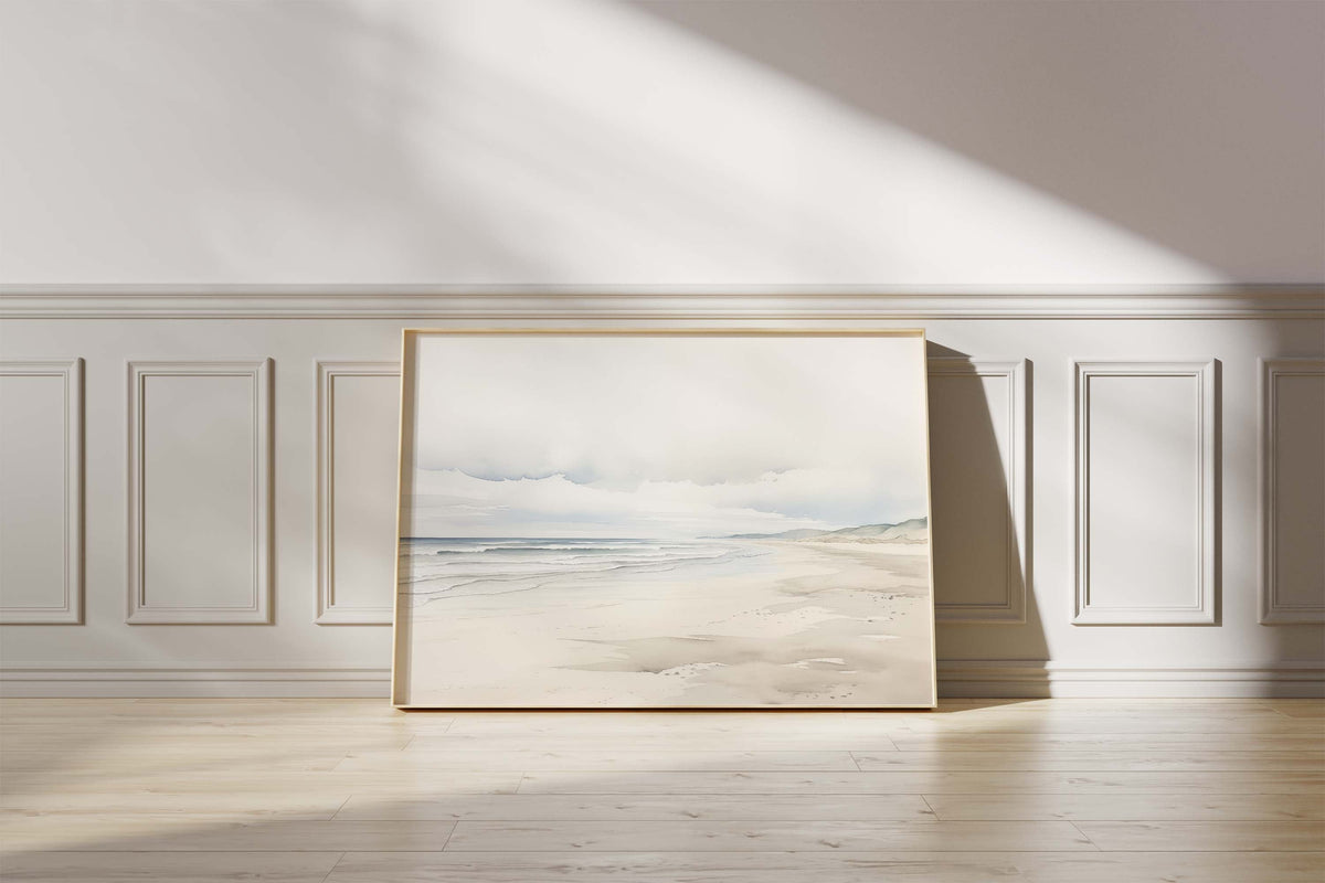 Küstenlandschaft Poster · Geschenkidee · Aquarell Strand Nebelberge Wandkunst · Print ohne Rahmen