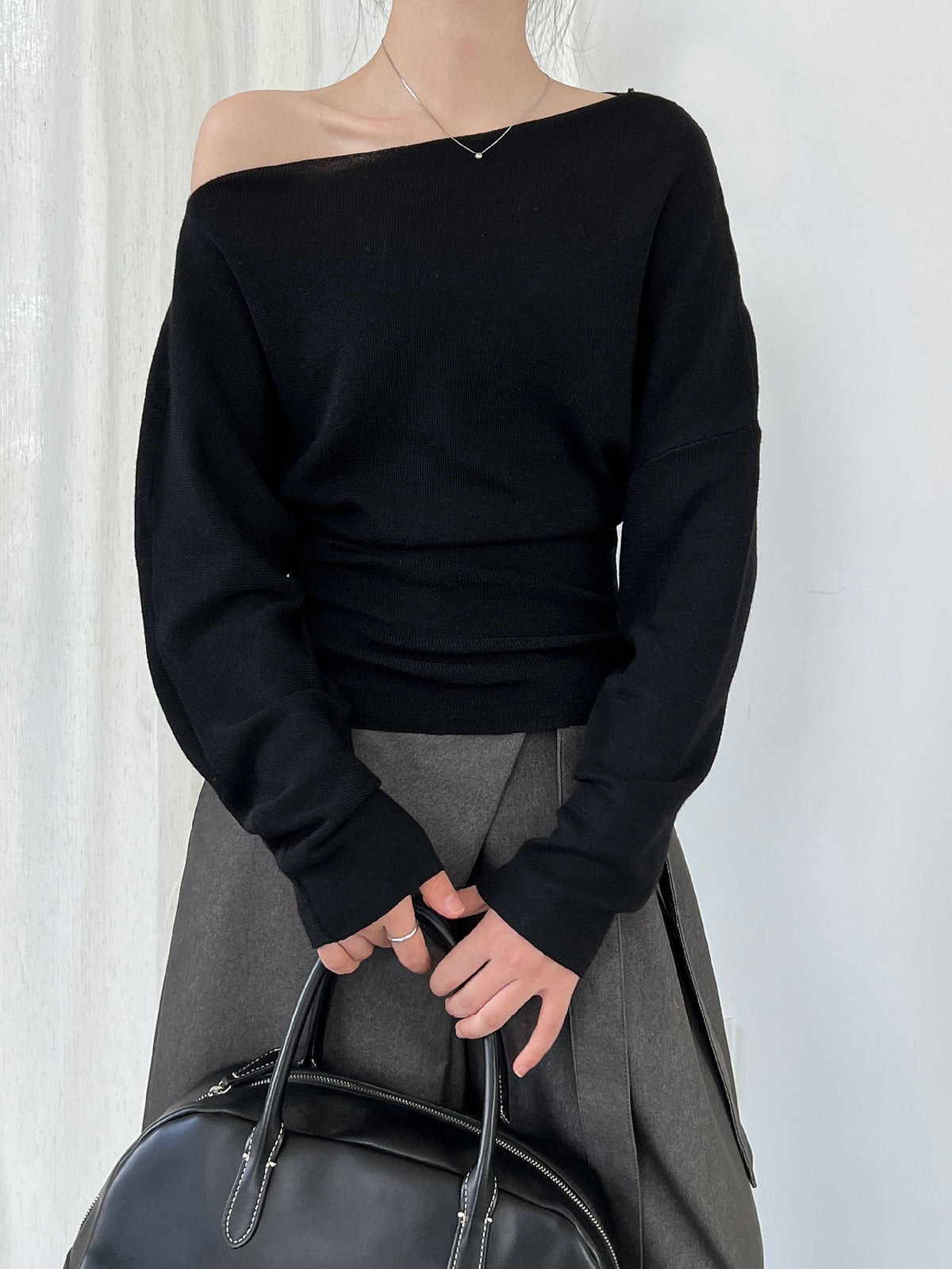 Asymmetrisches Strick-Top Damen – Tailliert, One-Shoulder Langarm in 5 Farben