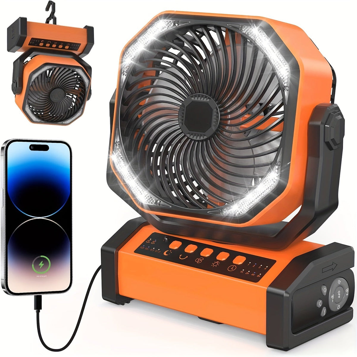 Campingventilator mit LED-Laterne & Haken – 20000mAh Akku, Orange