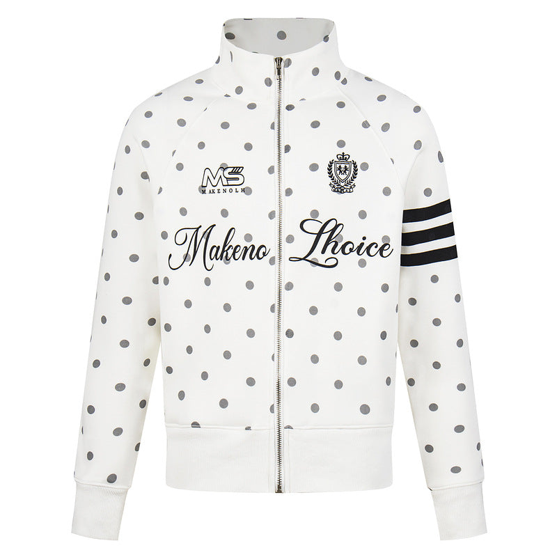 Polka dot stand up collar short wide zipper hoodie letter badge jacket