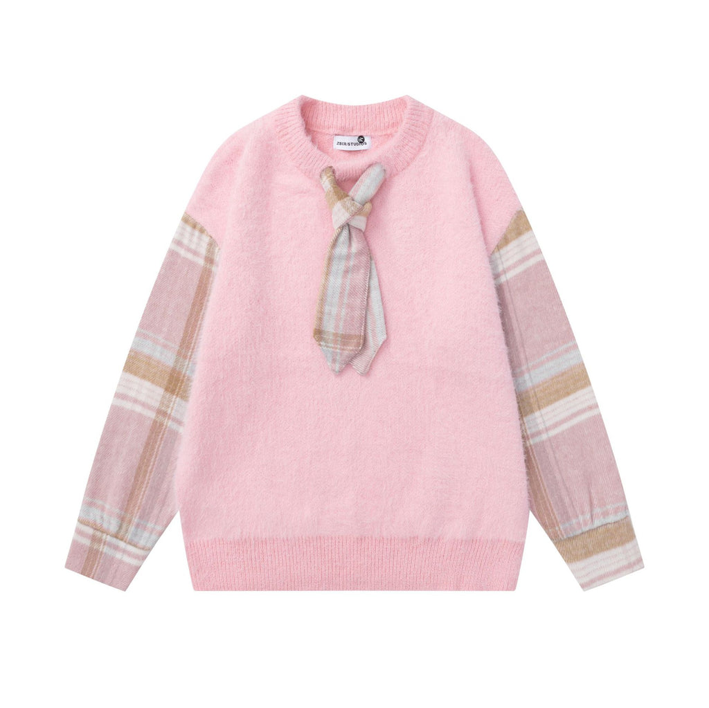 Damen Pullover Karo-Muster mit Schleife – Baumwolle, Pink & Apricot, S–XL