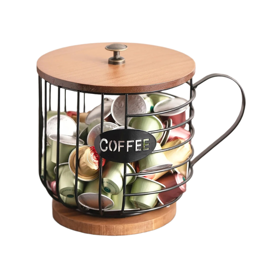 Kaffeekapselhalter mit Holzsockel – Metall & Holz, Kaffeeküche