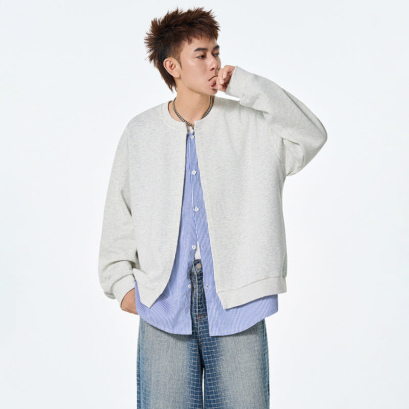 Autumn Fashion Men's Hoodie with False Two-Piece Design, Open Front, Round Neck, Loose Fit, Casual Stylish Jacket Top