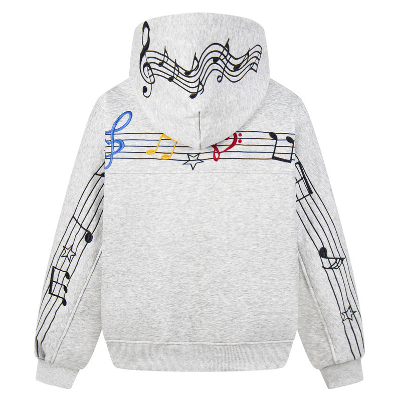 White hooded sweatshirt embroidered with musical notes