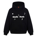 White hooded sweatshirt embroidered with musical notes