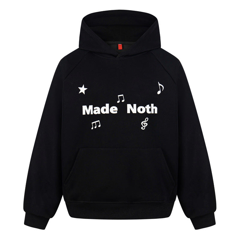 White hooded sweatshirt embroidered with musical notes