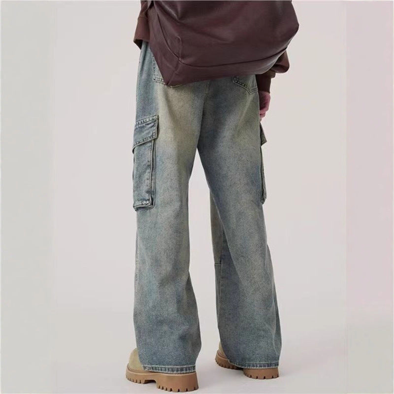 Herren Hip-Hop Cargo Jeans – Loose Fit Straight Leg in Blau
