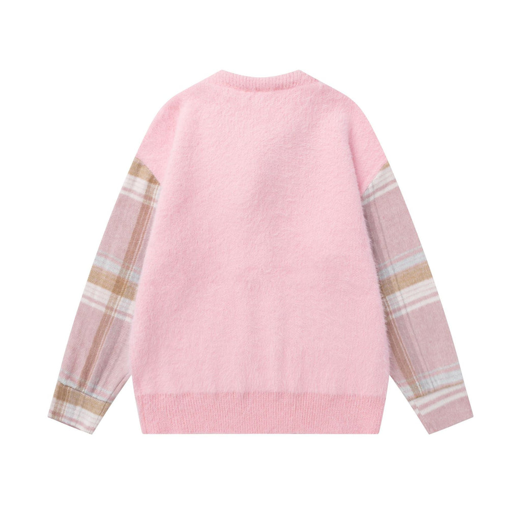 Damen Pullover Karo-Muster mit Schleife – Baumwolle, Pink & Apricot, S–XL