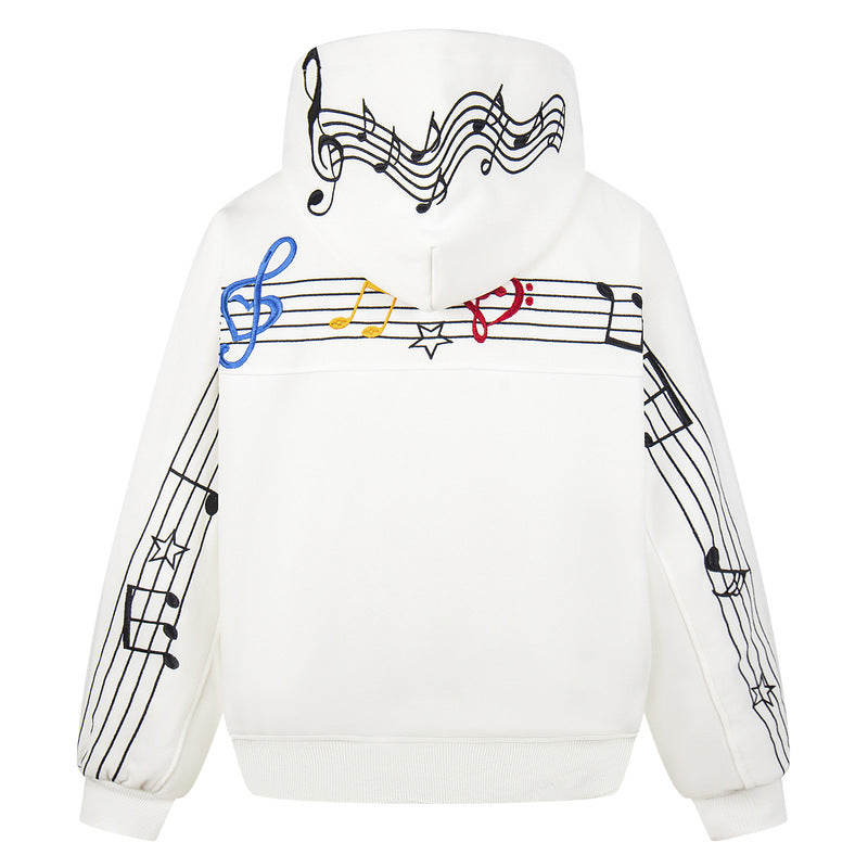 White hooded sweatshirt embroidered with musical notes