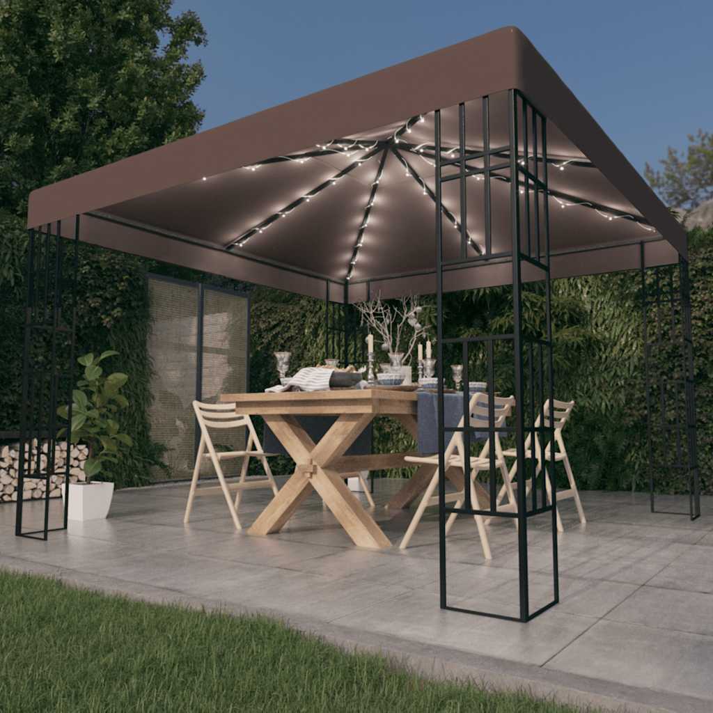 Pavillon mit LED-Lichterkette – 3 × 3 m, Taupe | Gartenlaube