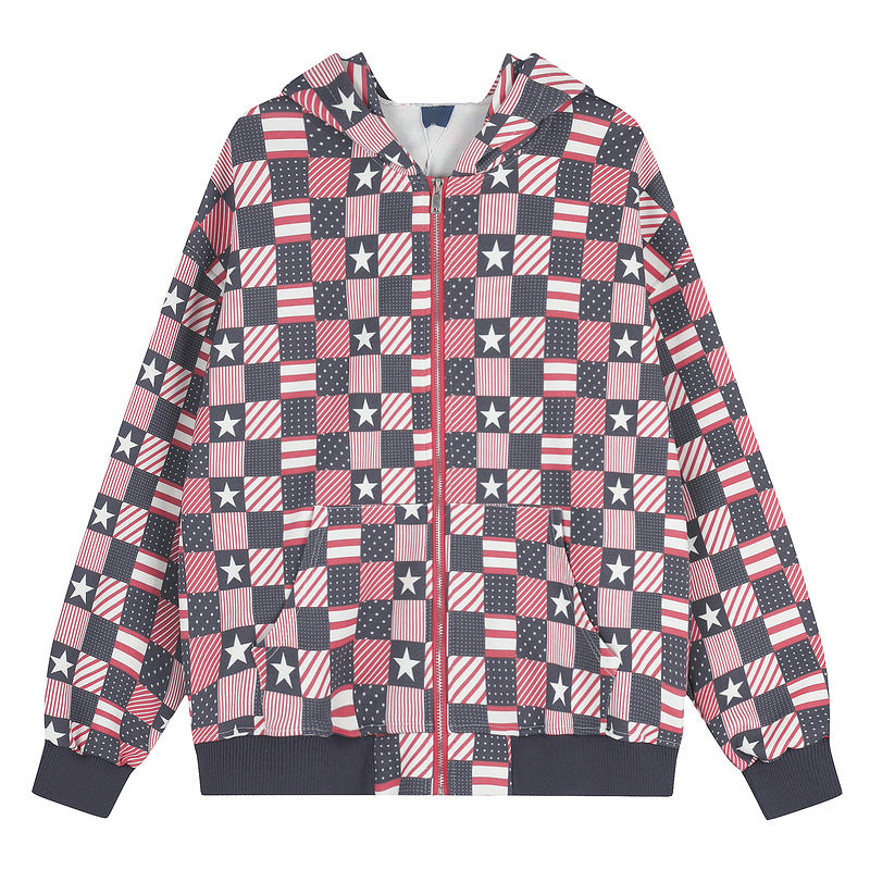 Color blocked plaid star hooded cardigan for women