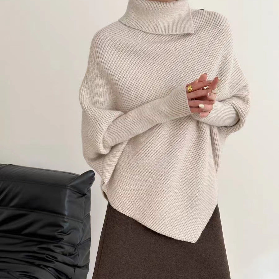 Rollkragen Strickpullover mit Fledermausärmel – Irregular Hem