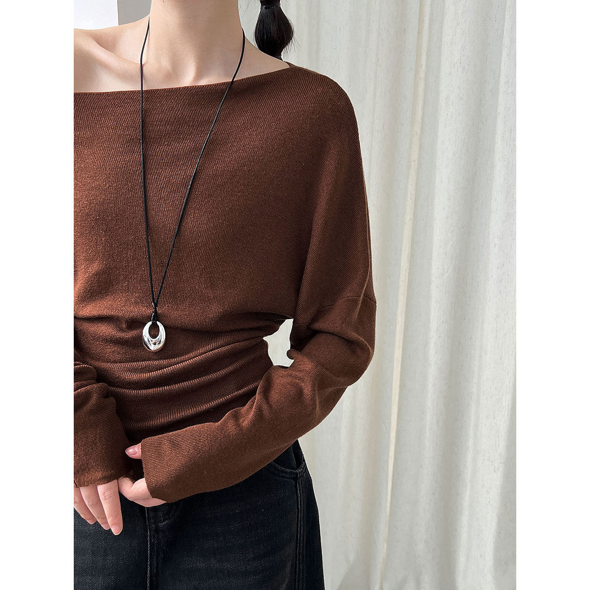 Asymmetrisches Strick-Top Damen – Tailliert, One-Shoulder Langarm in 5 Farben