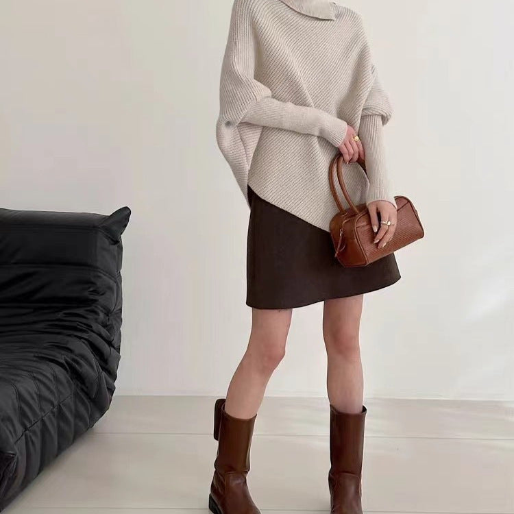 Rollkragen Strickpullover mit Fledermausärmel – Irregular Hem