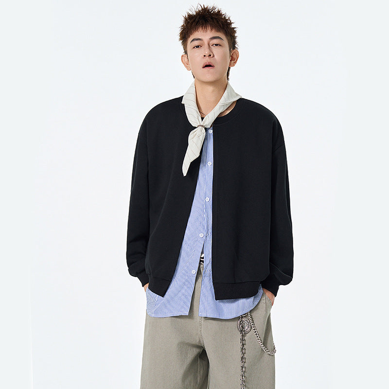 Autumn Fashion Men's Hoodie with False Two-Piece Design, Open Front, Round Neck, Loose Fit, Casual Stylish Jacket Top
