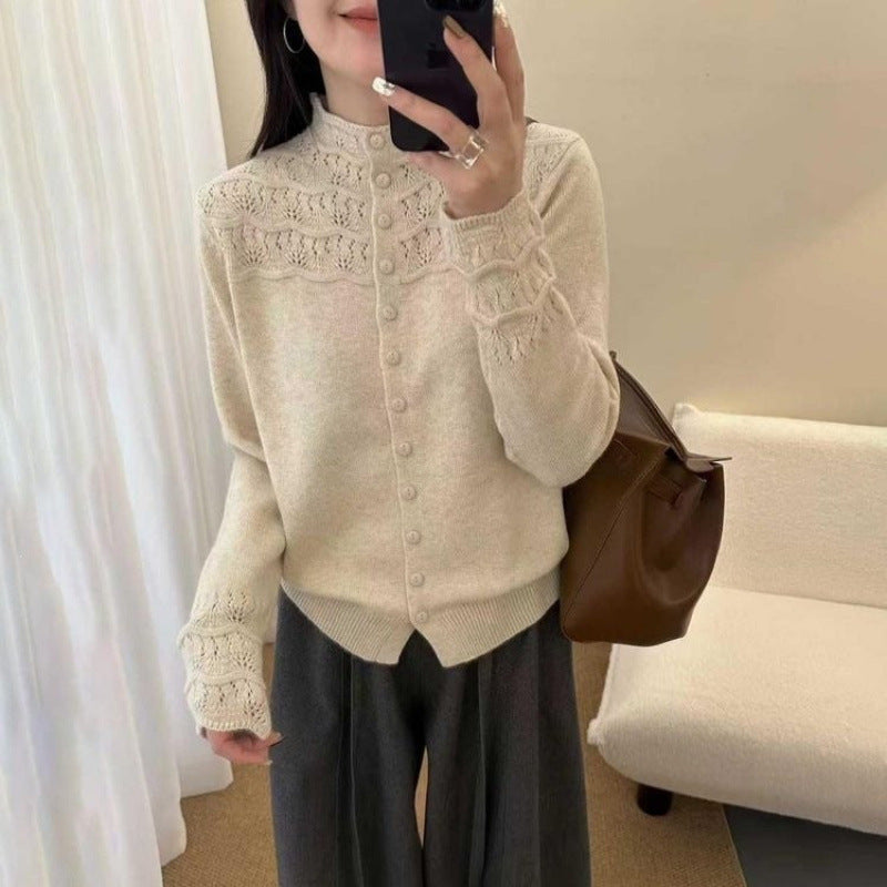 Häkel-Cardigan Damen – Stehkragen Strickjacke mit Lochmuster in 5 Farben