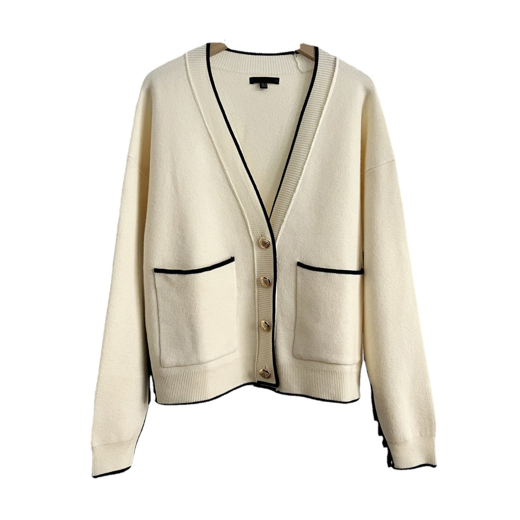 Slim fit patchwork design pocket temperament knitted cardigan sweater