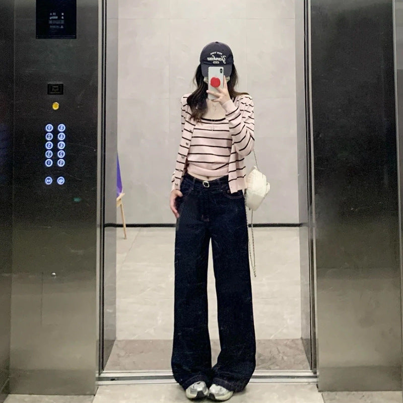 Retro Soft Pink Striped Knit Sweater Set for Women, Two-Piece Outfit with Cardigan and Tank Top
