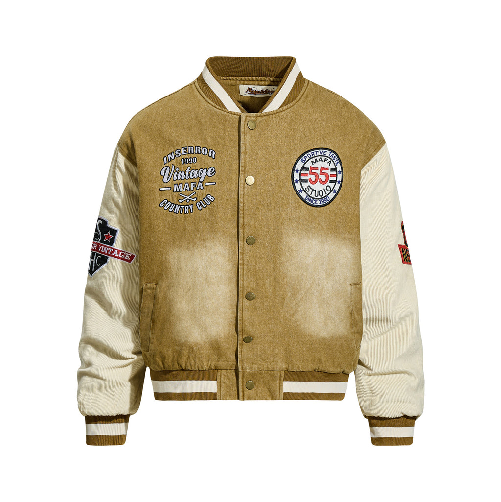 Vintage Distressed Letter Embroidery Jacket for Men and Women, Casual Warm Fashion Cotton Coat Outerwear